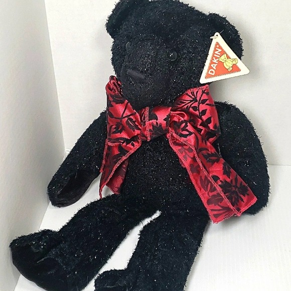 Dakin Black Glitter Bear Plush Red Bow w/Tag by Applause 19" - Picture 1 of 9